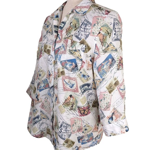 Chicos No Iron 100% Linen Size 1 (8/10) Travel Stamp Button Front Shirt - Picture 3 of 8